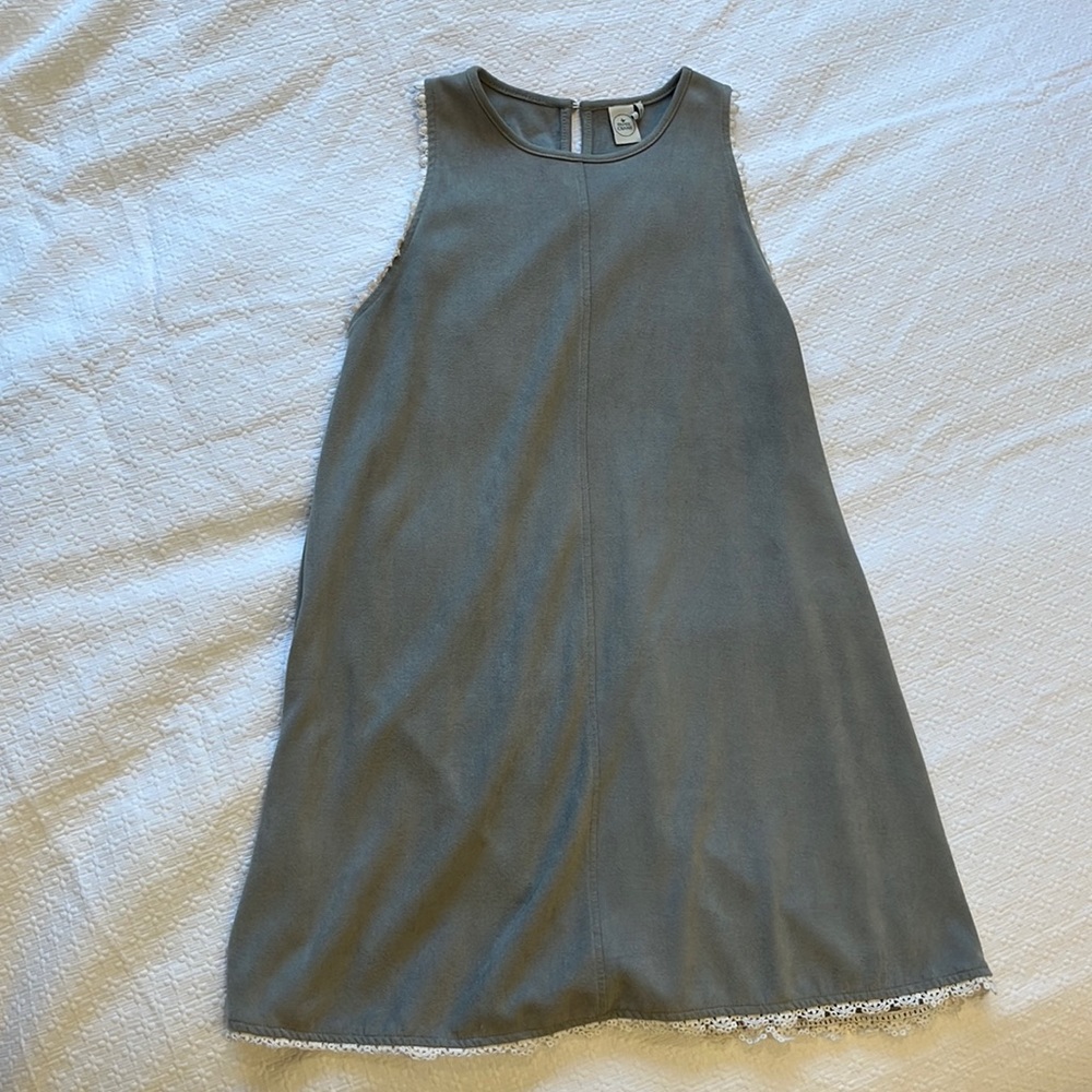Gray suede Paper Crane shift dress with dainty lace-hemmed edges